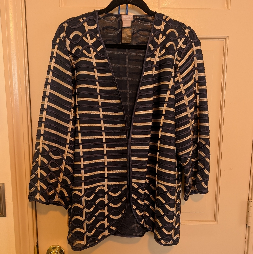 Chico's Navy and Tan Striped Suit Jacket